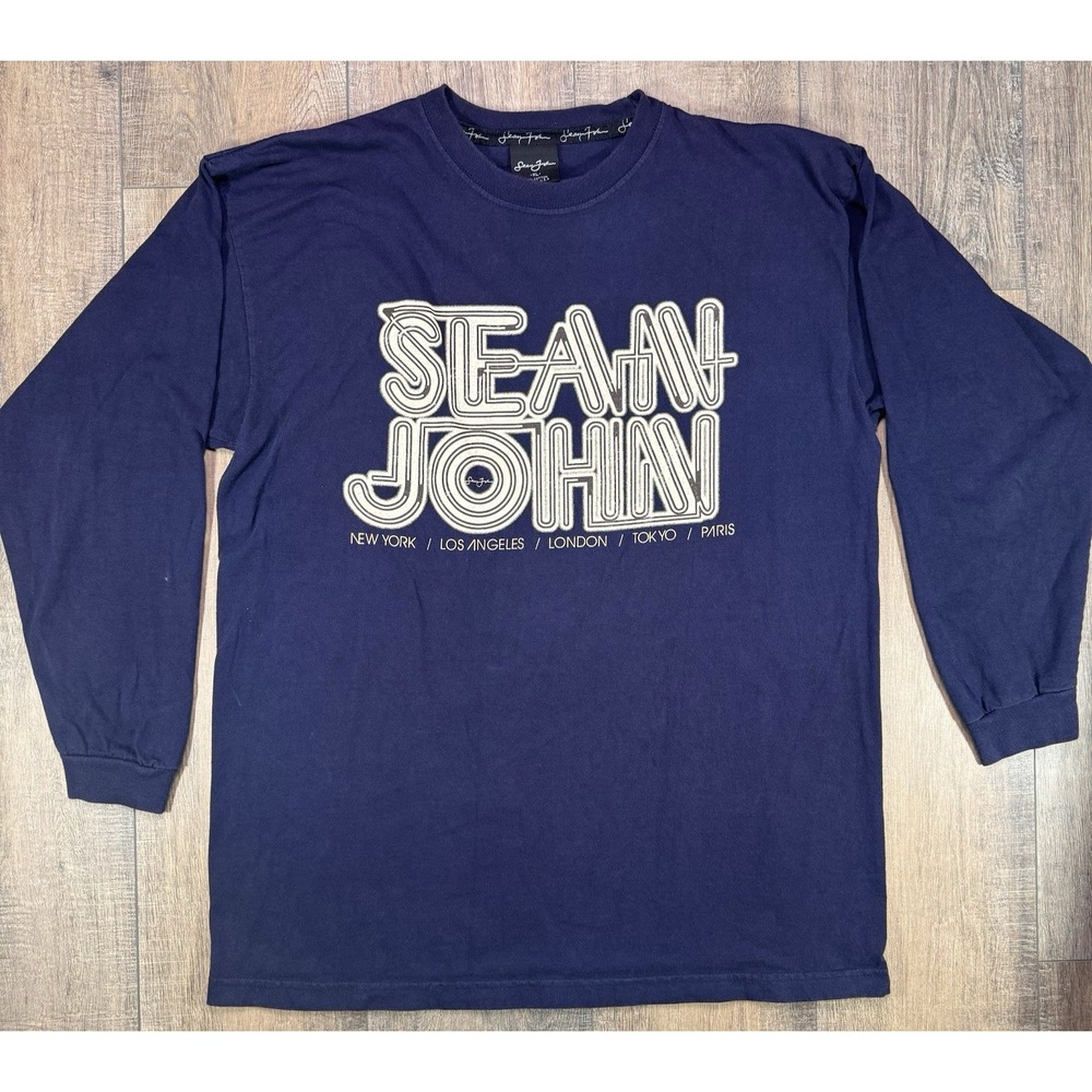Y2k 00's Sean John Puff Diddy Navy Blue Longsleeve T Shirt USA Mens XL 2 Sided